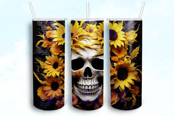 Skull and Sunflowers Tumbler PNG: Graphics for Bold Crafts Projects