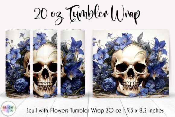 Skull with Blue Flowers Tumbler Wrap PNG: Graphics for Bold Editorial Style
