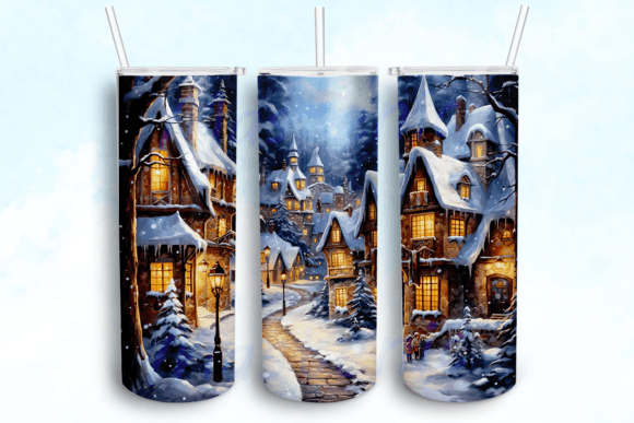 Snowy Village Delights Tumbler PNG: Graphics for Crafts