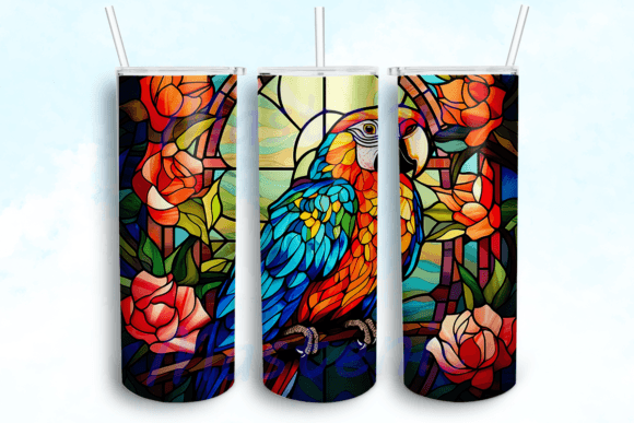 Stained Glass Parrot Tumbler PNG: Graphics for Crafts-Driven Branding