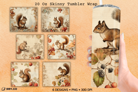 Vintage Squirrel Tumbler Sublimation PNG: Graphics for Crafts-Driven Branding